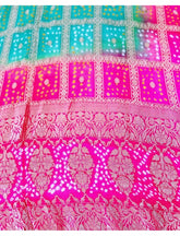 Ombre shaded Hot Pink & Sea Green Pure Khaddi Georgette Rye Bandhej Dupatta